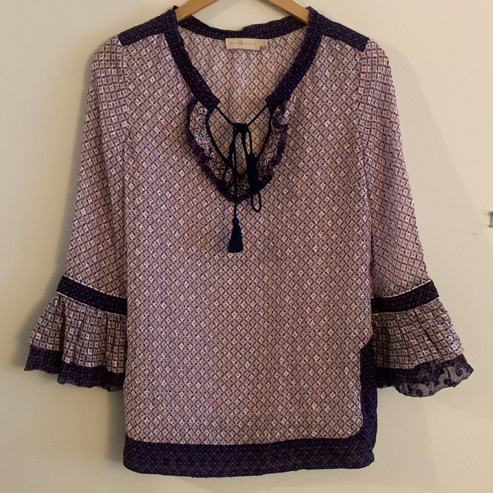 Tory Burch Gwenna Printed Tunic Top Size 2 Red and Blue Semi Sheer